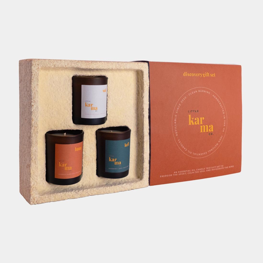 Discovery Set scented candle trio luxury gift set in new sustainable mycelium gift box