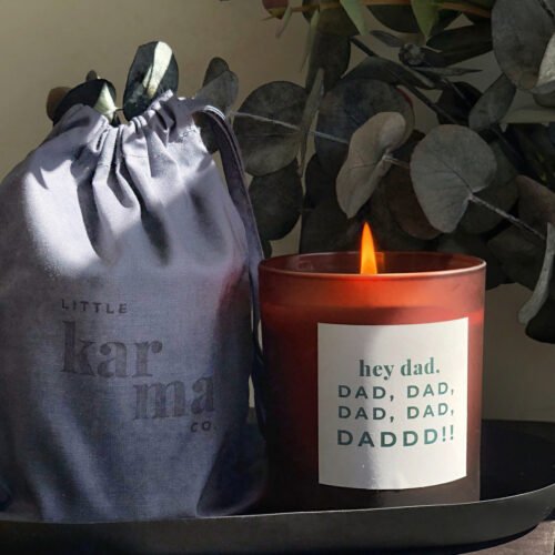large refillable HEY DAD personalised candle with large cloth bag