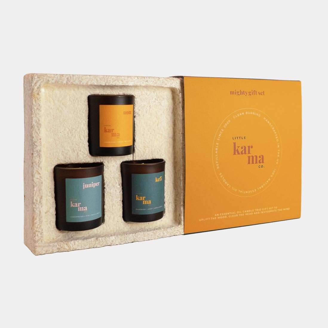 Mighty Set scented candle trio luxury gift set in new sustainable mycelium gift box