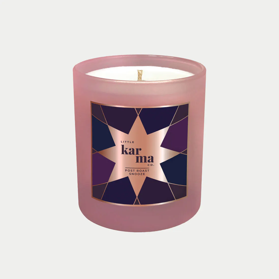 Post Roast Snooze twisted lavender refillable Christmas candle in a pink glass finished with a luxurious rose gold foil label