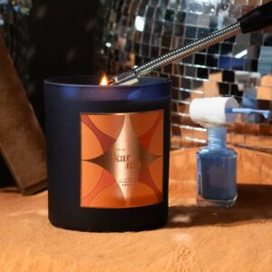 Sugar & Spice spiced chai latte refillable Christmas candle in a navy glass finished with a luxurious rose gold foil label