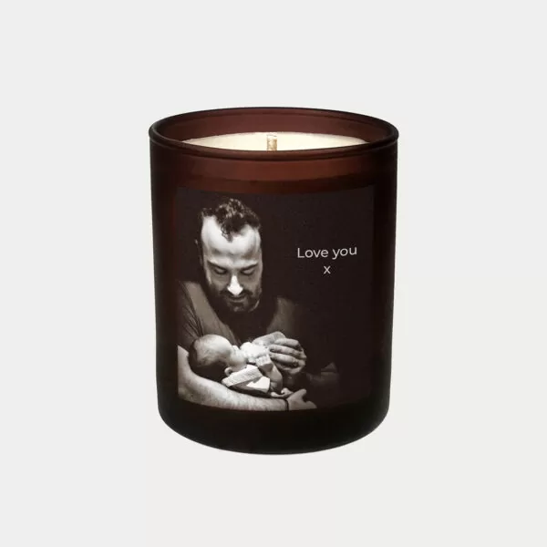 Bespoke photo candle with message. A unique refillable gift