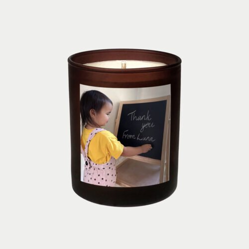 Bespoke photo candle with optional additional message. A unique refillable gift