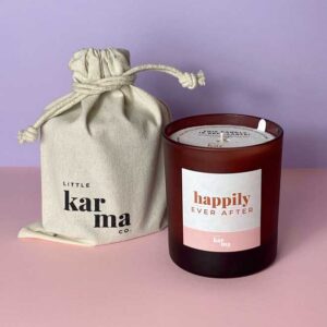 Personalised refillable Happily Ever After wedding candle gift with reusable cloth bag