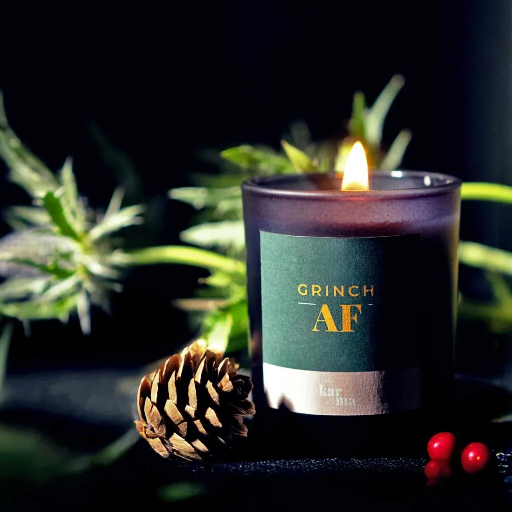 Refillable Grinch AF ginger and winter spice scented candle in green